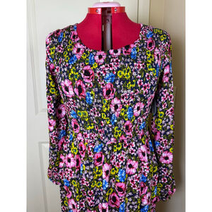 Women's Velvet Torch XL Navy Pink Floral Smocked Long Sleeve Maxi Dress